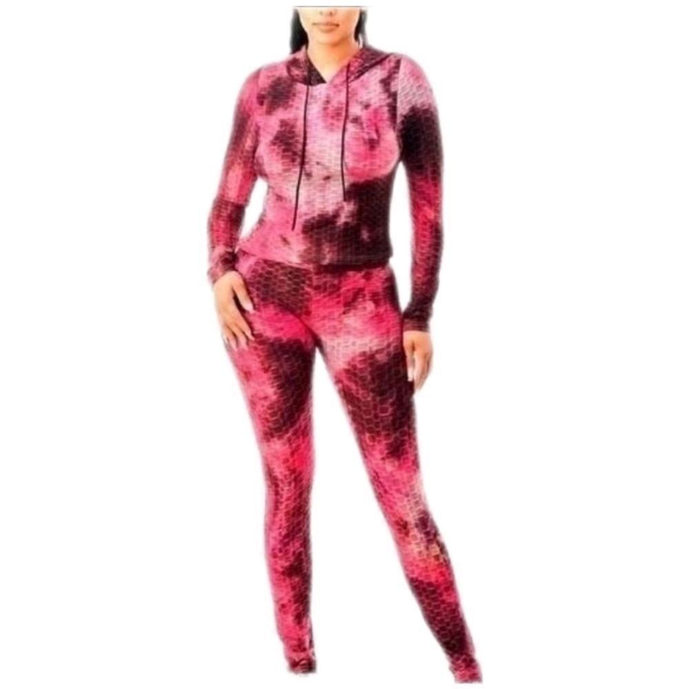 Women's Honeycomb Bubble Texture Tie Dye Butt Lift Activewear Sweatsuit Hooded L
